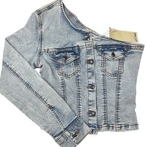 Love Trends Womens One Shoulder Acid Wash Denim Jacket Top Light Blue Small